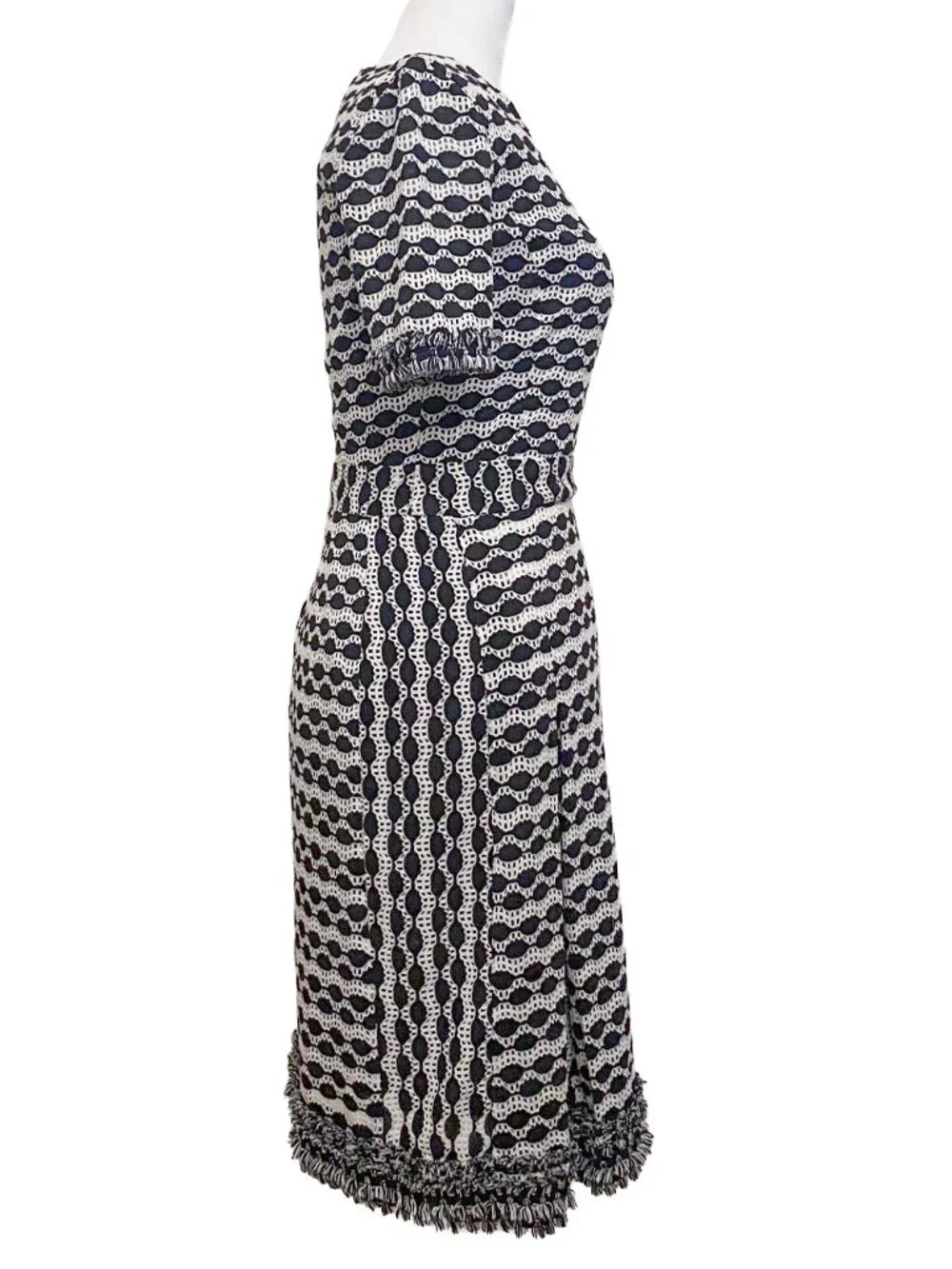 TORY BURCH Paulina Knit Fringe Midi A-Line Dress Black Cream XS Kate Middleton